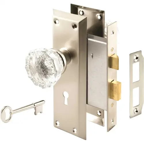 Prime-Line Mortise Keyed Lock Set With Glass Knob, 2" O.d., Satin NICKEL Prime-Line Mortise Keyed Lock Set With Glass Knob, 2" O.d., Satin NICKEL