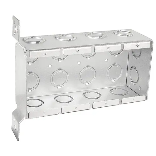 Masonry Box, 4-Gang, 18-Knockout, 1/2, 3/4 in Knockout, Steel, Silver, Galvanized, Stud Side