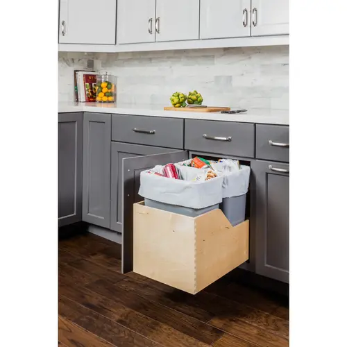 Double 35 Quart Wood Bottom-Mount Soft-close Trashcan Rollout for Hinged Doors, Includes Two Grey Cans Double 35 Quart Wood Bottom-Mount Soft-close Trashcan Rollout for Hinged Doors, Includes Two Grey Cans