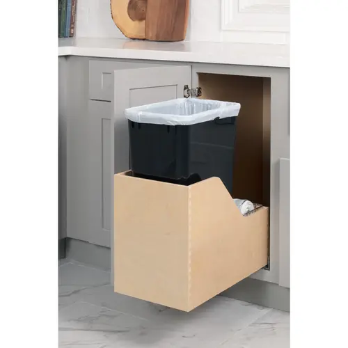 Single 50 Quart Wood Bottom-Mount Soft-close Trashcan Rollout for Hinged Doors, Includes One Black Can Single 50 Quart Wood Bottom-Mount Soft-close Trashcan Rollout for Hinged Doors, Includes One Black Can