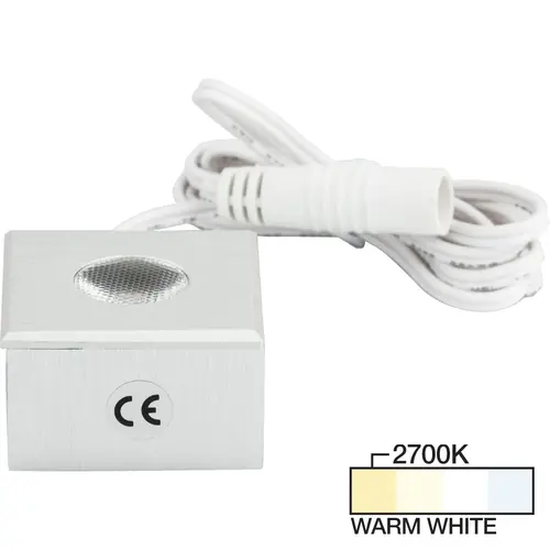 105 Lumens/Fixture 12-volt Accent Output Mini Square Series Puck Light, Single-White, Brushed Aluminum, Warm White 2700K 105 Lumens/Fixture 12-volt Accent Output Mini Square Series Puck Light, Single-White, Brushed Aluminum, Warm White 2700K
