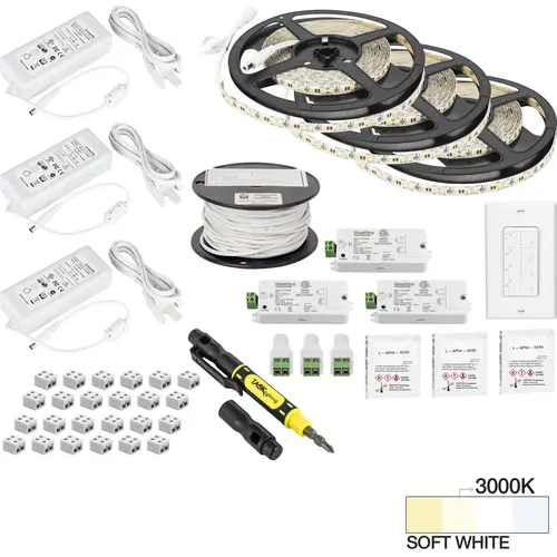 49 Ft., 225 Lumens/Ft. 12-volt Standard Output Quattro Wireless Controller Tape Light Kit, 3 Zone 3 Area, Single-White, SoFt. White 3000K 49 Ft., 225 Lumens/Ft. 12-volt Standard Output Quattro Wireless Controller Tape Light Kit, 3 Zone 3 Area, Single-White, SoFt. White 3000K