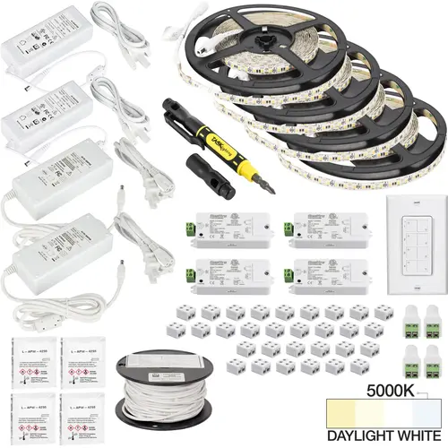 65 Ft., 225 Lumens/Ft. 12-volt Standard Output Quattro Wireless Controller Tape Light Kit, 4 Zone 4 Area, Single-White, Daylight White 5000K 65 Ft., 225 Lumens/Ft. 12-volt Standard Output Quattro Wireless Controller Tape Light Kit, 4 Zone 4 Area, Single-White, Daylight White 5000K