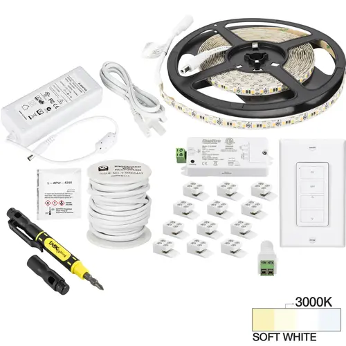 16 Ft., 225 Lumens/Ft. 12-volt Standard Output Uno Wireless Controller Tape Light Kit, 1 Zone 1 Area, Single-White, SoFt. White 3000K 16 Ft., 225 Lumens/Ft. 12-volt Standard Output Uno Wireless Controller Tape Light Kit, 1 Zone 1 Area, Single-White, SoFt. White 3000K