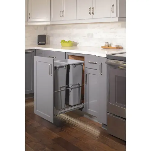 50qt Wire Double Trashcan Pullout with Soft-close Slides Polished Chrome 50qt Wire Double Trashcan Pullout with Soft-close Slides Polished Chrome