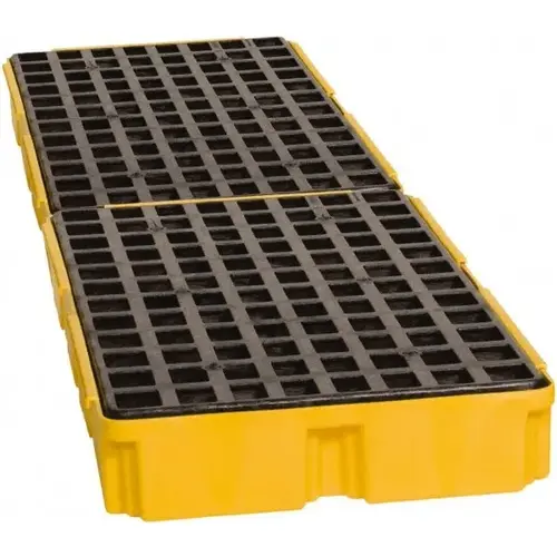 Spill Containment, 4-Drum In-Line Mod Platform, HDPE, 10000 lb, 60.5 gal, 103-1/2 in W x 26-1/4 in D x 6-1/2 in H, Y/B, w/Drn Yellow; Black Grate Spill Containment, 4-Drum In-Line Mod Platform, HDPE, 10000 lb, 60.5 gal, 103-1/2 in W x 26-1/4 in D x 6-1/2 in H, Y/B, w/Drn Yellow; Black Grate