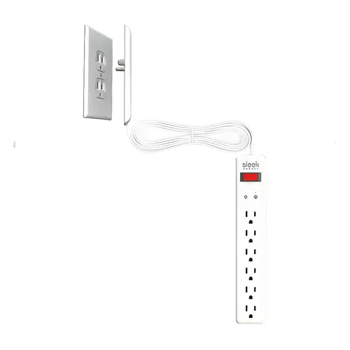 Sleek Socket, Hafele, 6 Outlet Power Strip with Surge Protection With 6 foot cord and lighted switch for TV stands, furniture and desks White