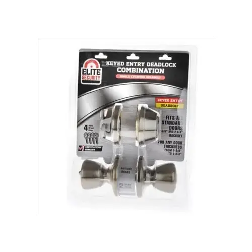 Elite Security Keyed Entry Deadlock Combo, Tulip Style - Antique Brass