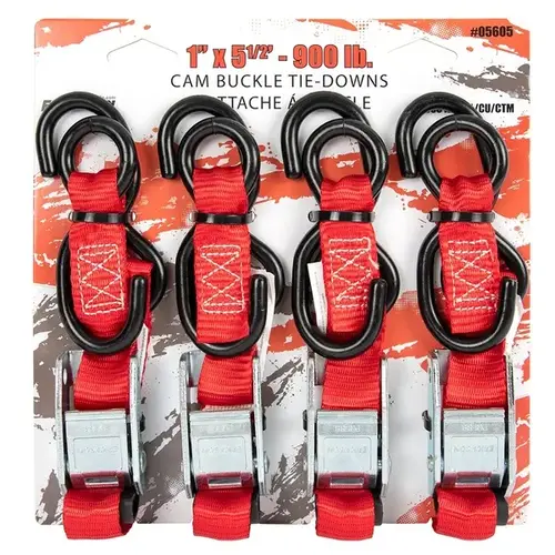 Cam Buckle Tie Down, 1" x 5-1/2', 300 lb WLL, Red, Pack of 4 Cam Buckle Tie Down, 1" x 5-1/2', 300 lb WLL, Red, Pack of 4
