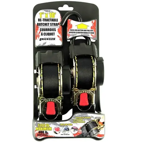 1 In. x 10 Ft. 400 Lb. Re-Tractable Ratchet Strap Black - pack of 2 1 In. x 10 Ft. 400 Lb. Re-Tractable Ratchet Strap Black - pack of 2