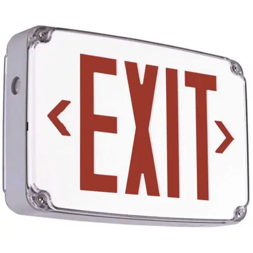 Halco LED Exit Sign, Wet/cold Location, Red Letters, Single/double Face, White Halco LED Exit Sign, Wet/cold Location, Red Letters, Single/double Face, White