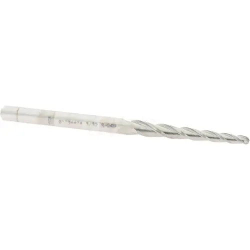 Tapered End Mill: 2 degree per Side, 3/32" Small Dia, 1-1/4" LOC, 3 Flutes, Solid Carbide, Ball End Uncoated Tapered End Mill: 2 degree per Side, 3/32" Small Dia, 1-1/4" LOC, 3 Flutes, Solid Carbide, Ball End Uncoated