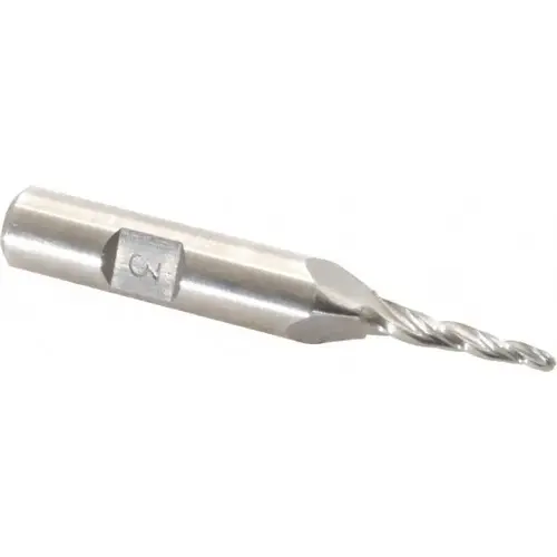 Tapered End Mill: 3 degree per Side, 3/32" Small Dia, 3/4" LOC, 3 Flutes, High Speed Steel, Ball End Tapered End Mill: 3 degree per Side, 3/32" Small Dia, 3/4" LOC, 3 Flutes, High Speed Steel, Ball End