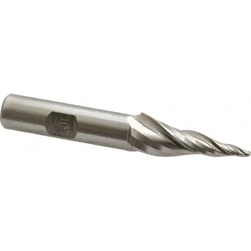 Tapered End Mill: 10 degree per Side, 3/32" Small Dia, 1-1/2" LOC, 3 Flutes, High Speed Steel, Ball End Tapered End Mill: 10 degree per Side, 3/32" Small Dia, 1-1/2" LOC, 3 Flutes, High Speed Steel, Ball End