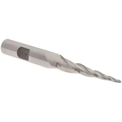 Tapered End Mill: 5 degree per Side, 1/16" Small Dia, 1-1/2" LOC, 3 Flutes, High Speed Steel, Ball End Tapered End Mill: 5 degree per Side, 1/16" Small Dia, 1-1/2" LOC, 3 Flutes, High Speed Steel, Ball End