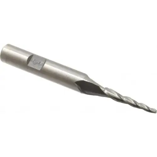 Tapered End Mill: 3 degree per Side, 3/32" Small Dia, 1" LOC, 3 Flutes, High Speed Steel, Ball End Tapered End Mill: 3 degree per Side, 3/32" Small Dia, 1" LOC, 3 Flutes, High Speed Steel, Ball End