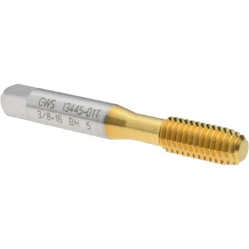 Thread Forming Tap: 3/8-16 UNC, Bottoming, High Speed Steel, TiN Coated Titanium Nitride Thread Forming Tap: 3/8-16 UNC, Bottoming, High Speed Steel, TiN Coated Titanium Nitride