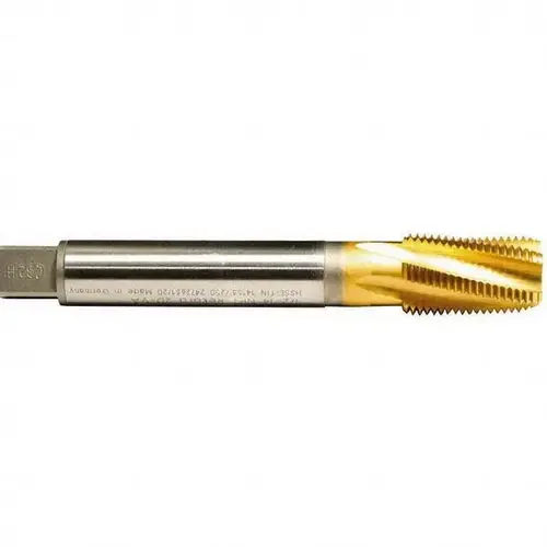 1/2-14 NPT, 15 degree Helix, 5 Flutes, Modified Bottoming Chamfer, TiN Finish, Cobalt, Spiral Flute Pipe Tap 1/2-14 NPT, 15 degree Helix, 5 Flutes, Modified Bottoming Chamfer, TiN Finish, Cobalt, Spiral Flute Pipe Tap