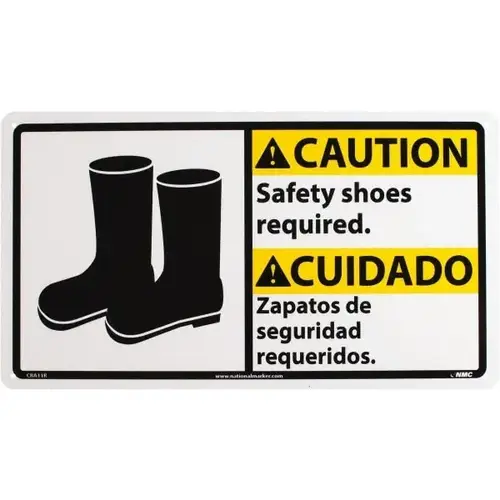 Accident Prevention Sign: Rectangle, "Caution, Safety shoes required. Zapatos de seguridad requeridos."