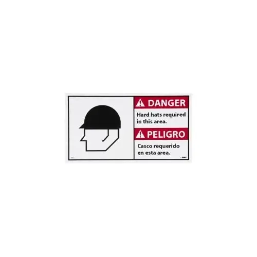 Accident Prevention Sign: Rectangle, "Danger, Hard hats required in this area. Casco requerido en esta C!rea." Accident Prevention Sign: Rectangle, "Danger, Hard hats required in this area. Casco requerido en esta C!rea."