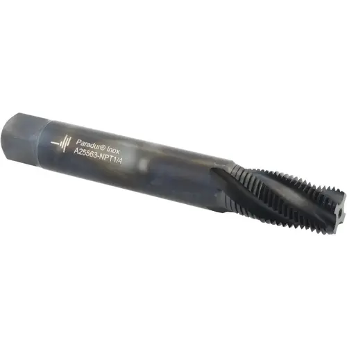 1/4-18 NPT, 30 degree Helix, 4 Flutes, Modified Bottoming Chamfer, Oxide Finish, Cobalt, Spiral Flute Pipe Tap 1/4-18 NPT, 30 degree Helix, 4 Flutes, Modified Bottoming Chamfer, Oxide Finish, Cobalt, Spiral Flute Pipe Tap