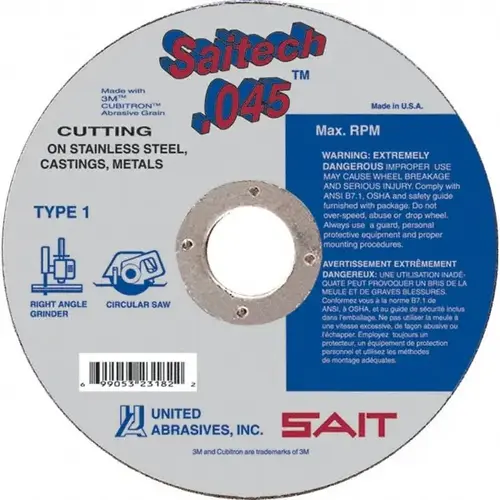 Cutoff Wheel: Type 01/41, 4-1/2" Dia, 0.045" Thick, 7/8" Hole, Ceramic