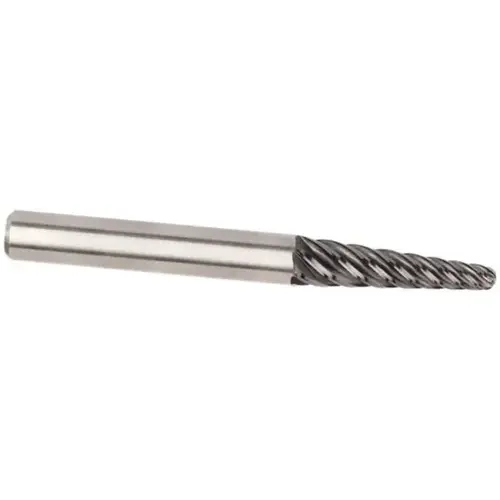 Tapered End Mill: 4 deg Angle per Side, 1/4" Small Dia, 1-9/16" LOC, 6 Flute, Solid Carbide, Ball End AlTiN Tapered End Mill: 4 deg Angle per Side, 1/4" Small Dia, 1-9/16" LOC, 6 Flute, Solid Carbide, Ball End AlTiN