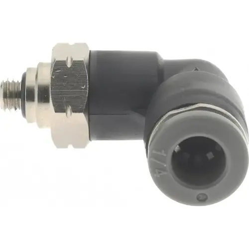 Push-To-Connect Tube to Male & Tube to Male UNF Tube Fitting: 90 degree Swivel Elbow, #10-32 Thread, 1/4" OD Push-To-Connect Tube to Male & Tube to Male UNF Tube Fitting: 90 degree Swivel Elbow, #10-32 Thread, 1/4" OD