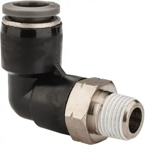 Push-To-Connect Tube to Male & Tube to Male NPT Tube Fitting: 90 degree Swivel Elbow, 1/8" Thread, 5/16" OD Push-To-Connect Tube to Male & Tube to Male NPT Tube Fitting: 90 degree Swivel Elbow, 1/8" Thread, 5/16" OD