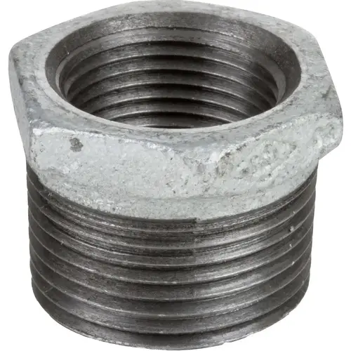 Galvanized Pipe Fittings; Fitting Type: Hex Bushing ; Fitting Size: 1/2 x 3/8 ; Material: Malleable Iron ; Fitting Shape: Straight ; Thread Standard: NPT ; Liquid and Gas Pressure Rating (psi): 150 Galvanized Pipe Fittings; Fitting Type: Hex Bushing ; Fitting Size: 1/2 x 3/8 ; Material: Malleable Iron ; Fitting Shape: Straight ; Thread Standard: NPT ; Liquid and Gas Pressure Rating (psi): 150