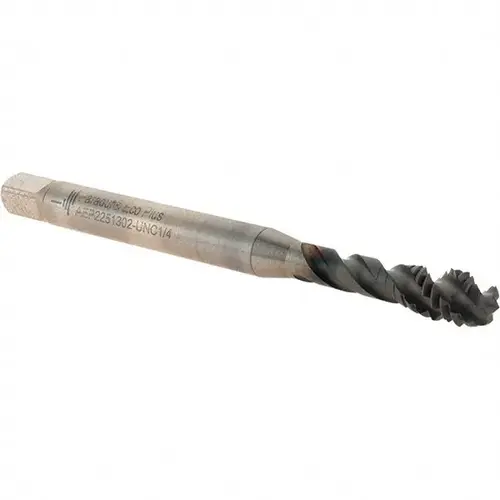Spiral Flute Tap: 1/4-20, UNC, 3 Flute, Modified Bottoming, 2B Class of Fit, Powdered Metal, Hardlube Finish Spiral Flute Tap: 1/4-20, UNC, 3 Flute, Modified Bottoming, 2B Class of Fit, Powdered Metal, Hardlube Finish