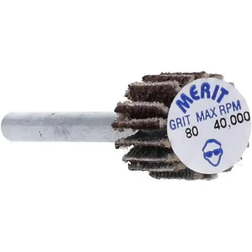 Mounted Flap Wheel: 3/8" Dia, 3/8" Face Width, 80 Grit, Aluminum Oxide Mounted Flap Wheel: 3/8" Dia, 3/8" Face Width, 80 Grit, Aluminum Oxide