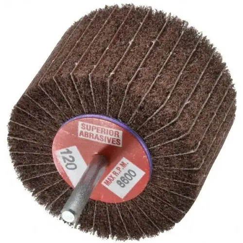 Mounted Flap Wheel: 3" Dia, 2" Face Width, 120 Grit, Aluminum Oxide Mounted Flap Wheel: 3" Dia, 2" Face Width, 120 Grit, Aluminum Oxide