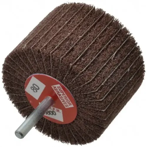 Mounted Flap Wheel: 3" Dia, 2" Face Width, 80 Grit, Aluminum Oxide Mounted Flap Wheel: 3" Dia, 2" Face Width, 80 Grit, Aluminum Oxide