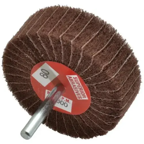 Mounted Flap Wheel: 3" Dia, 1" Face Width, 80 Grit, Aluminum Oxide Mounted Flap Wheel: 3" Dia, 1" Face Width, 80 Grit, Aluminum Oxide