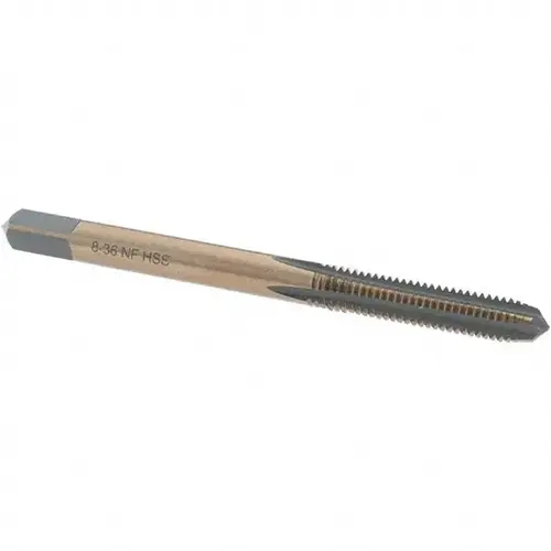 Straight Flute Tap: #8-36 UNF, 4 Flutes, Plug, High Speed Steel, Gold/Oxide Coated Straight Flute Tap: #8-36 UNF, 4 Flutes, Plug, High Speed Steel, Gold/Oxide Coated