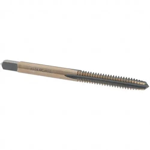Straight Flute Tap: #10-24 UNC, 4 Flutes, Taper, High Speed Steel, Gold/Oxide Coated Straight Flute Tap: #10-24 UNC, 4 Flutes, Taper, High Speed Steel, Gold/Oxide Coated