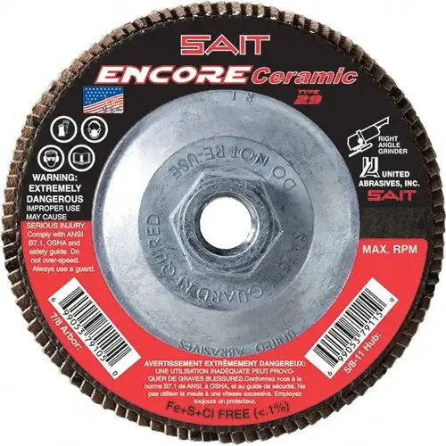 Flap Disc: 5/8-11 Hole, 40 Grit, Ceramic, Type 27