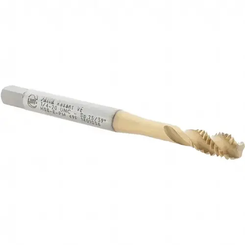 Spiral Flute Tap: 1/4-20, UNC, 3 Flute, Bottoming, 2B & 3B Class of Fit, High Speed Steel, TiCN Plus Finish