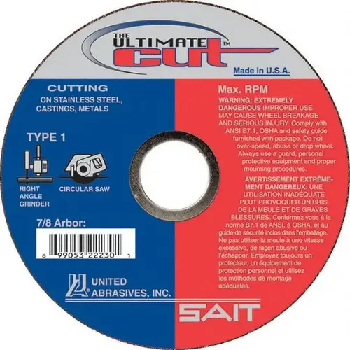 Cutoff Wheel: Type 01/41, 6" Dia, 0.045" Thick, 7/8" Hole, Aluminum Oxide Cutoff Wheel: Type 01/41, 6" Dia, 0.045" Thick, 7/8" Hole, Aluminum Oxide