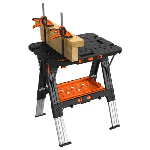 Pony Worktable, 31 in OAW, 35 in OAH, 500, 1000 lb, Plastic Surface, Aluminum Frame, Black/Orange Pony Worktable, 31 in OAW, 35 in OAH, 500, 1000 lb, Plastic Surface, Aluminum Frame, Black/Orange