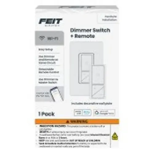 Feit Electric Dimmer Switch with Remote, 1-Pole, 3-, 4-Way, 120 V, 60 Hz, Wi-Fi, Hardwired, White Feit Electric Dimmer Switch with Remote, 1-Pole, 3-, 4-Way, 120 V, 60 Hz, Wi-Fi, Hardwired, White