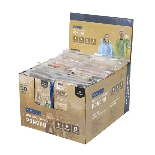 Stansport -120-6 Emergency Hooded Poncho, One-Size, Polyethylene, Assorted, Hooded - pack of 30