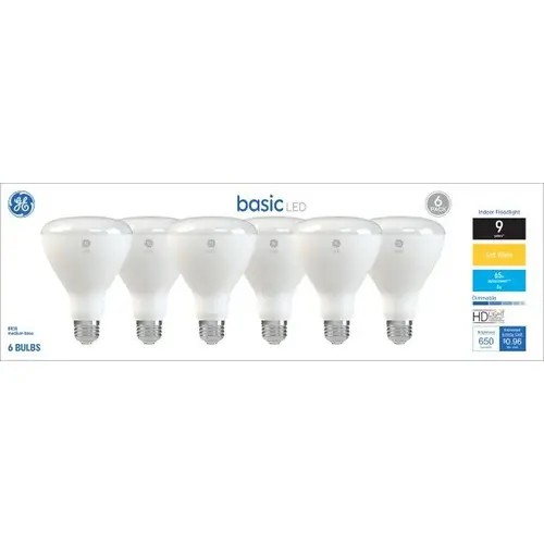 GE LED Light Bulb, Spot and Flood, BR30 Lamp, 65 W Equivalent, E26 Medium Screw-In Lamp Base, Yes, Frosted - pack of 6