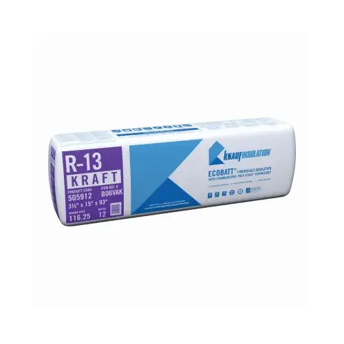 R-13 Unfaced Fiberglass Insulation Batt, 15 x 93 In.