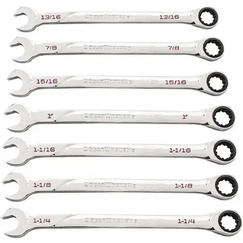 Ratcheting Combination Wrench Set: 7 Pc, 13/16", 15/16", 7/8", 1", 1-1/16", 1-1/8", 1-1/4", Wrench, Inch