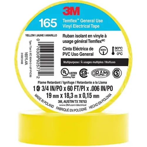 Electrical Tape: 3/4" Wide, 60 ft Long, 6 mil Thick, Yellow - pack of 10 Electrical Tape: 3/4" Wide, 60 ft Long, 6 mil Thick, Yellow - pack of 10