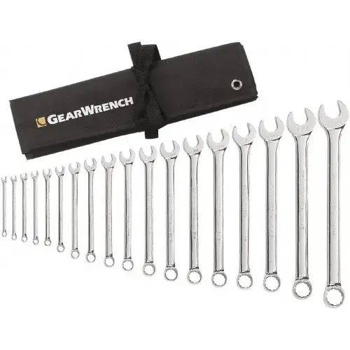Combination Wrench Set: 18 Pc, 1" 1/2" 1/4" 11/16" 1-1/16" 11/32" 1-1/4" 1-1/8" 13/16" 15/16" 3/4" 3/8" 5/16" 5/8" 7/16" 7/8" 9/16" & 9/32" Wrench, Inch Full Polish Chrome Combination Wrench Set: 18 Pc, 1" 1/2" 1/4" 11/16" 1-1/16" 11/32" 1-1/4" 1-1/8" 13/16" 15/16" 3/4" 3/8" 5/16" 5/8" 7/16" 7/8" 9/16" & 9/32" Wrench, Inch Full Polish Chrome