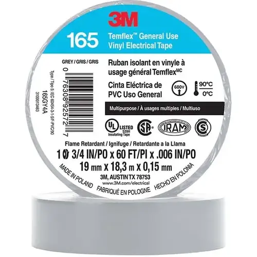 Electrical Tape: 3/4" Wide, 60 ft Long, 6 mil Thick, Gray - pack of 10 Electrical Tape: 3/4" Wide, 60 ft Long, 6 mil Thick, Gray - pack of 10