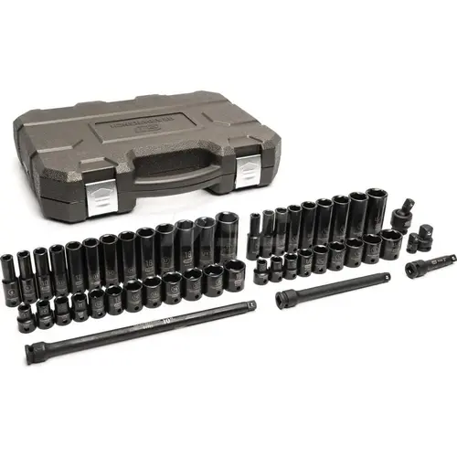 Impact Socket Set, 3/8 in Dr, 6-point, SAE/Metric, 5/16 in to 21 mm, 49-Pc Deep/Standard Lengths, Incl Univ Jt/Blow Mold Case Impact Socket Set, 3/8 in Dr, 6-point, SAE/Metric, 5/16 in to 21 mm, 49-Pc Deep/Standard Lengths, Incl Univ Jt/Blow Mold Case
